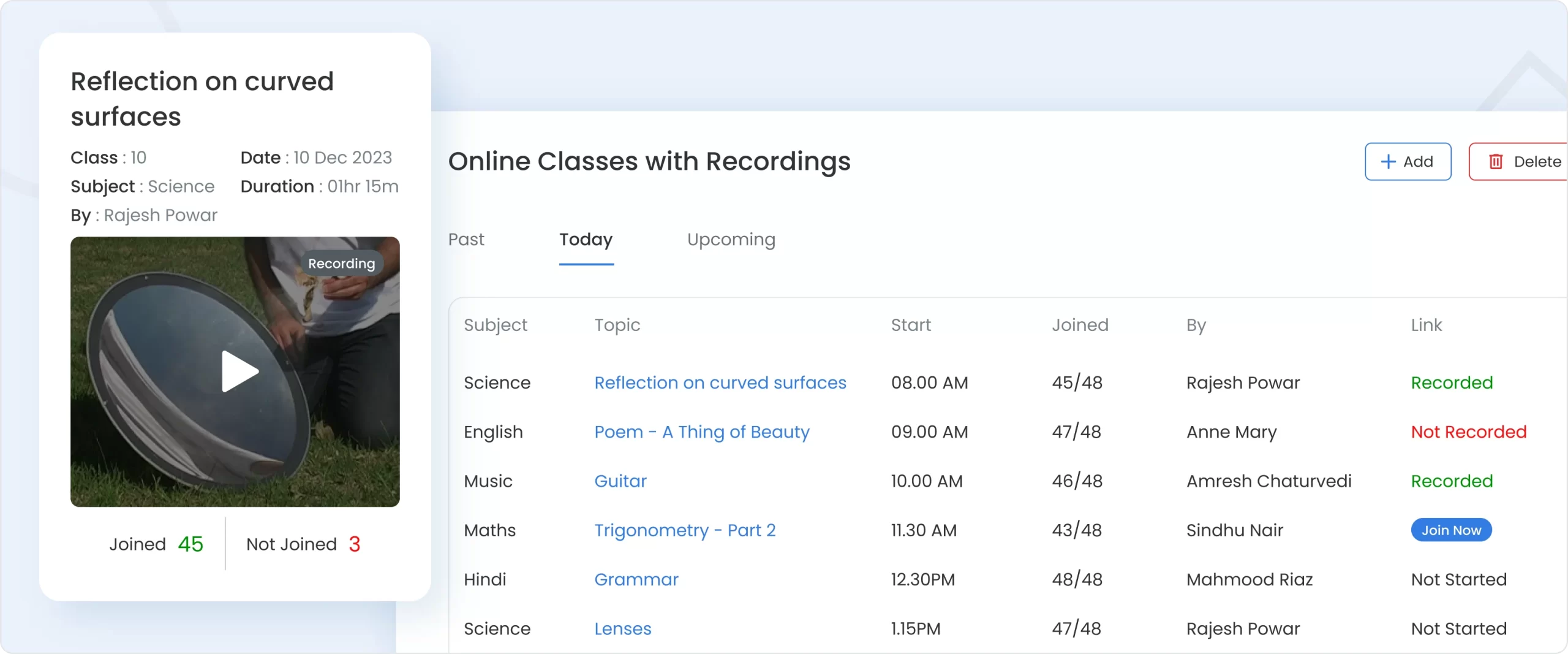 Online Classes with Recording Dashboard